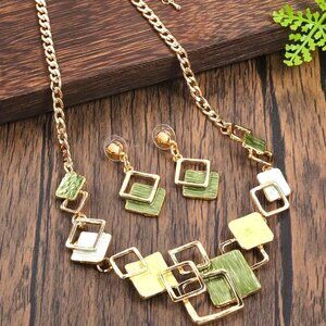 3pc Stylish Geometric Enamel Necklace & Earrings Enamel Gold Tone Chain Dangle